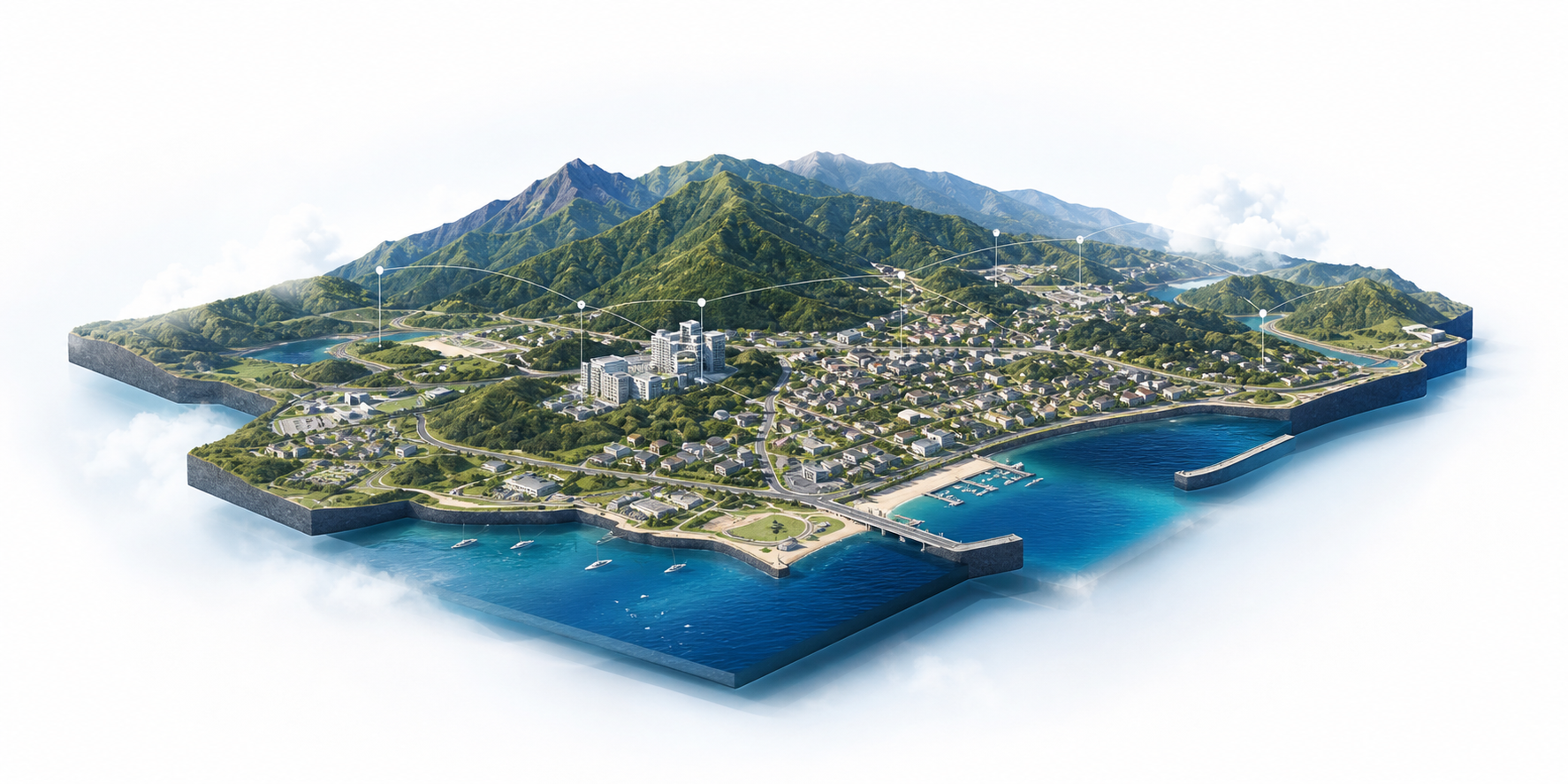 海沿いの地域を3Dマップ化したイメージ